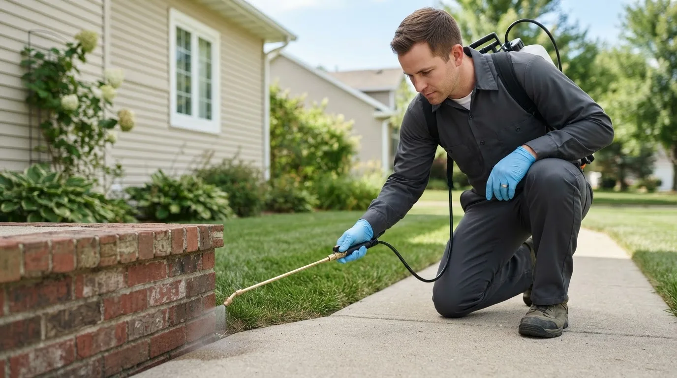 Pest control technician treating a home near Mechanic Falls, ME
